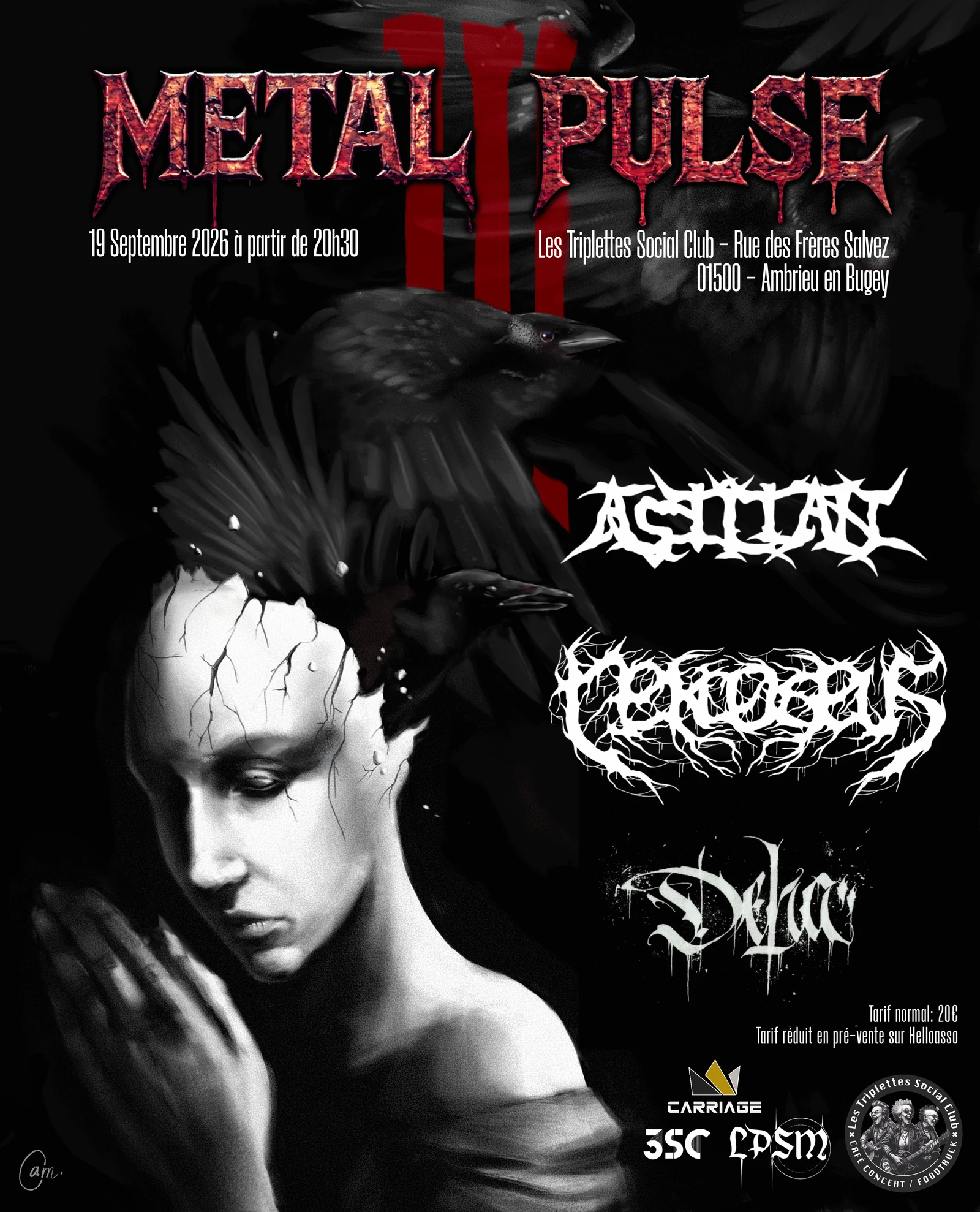 Affiche du METAL PULSE #3 — ASILIAN, DEHA et NEKRODEUS, le 19 septembre 2026 aux Triplettes Social Club (illustration de Camille Lasserre)